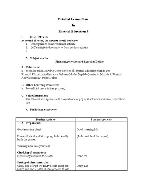 semi detailed lesson plan in physical education grade 9